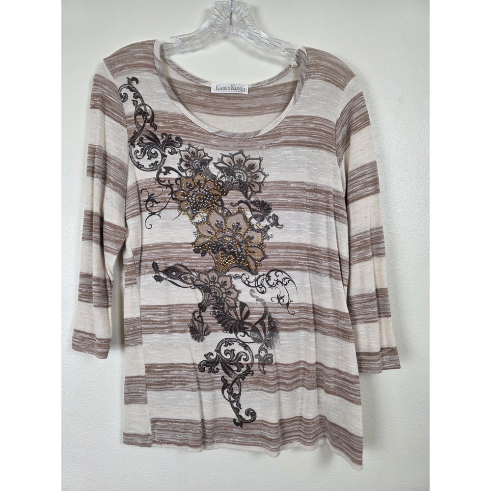 Katie's Kloset Top Womens Medium Floral Embellished Casual 3/4 Sleeve Striped